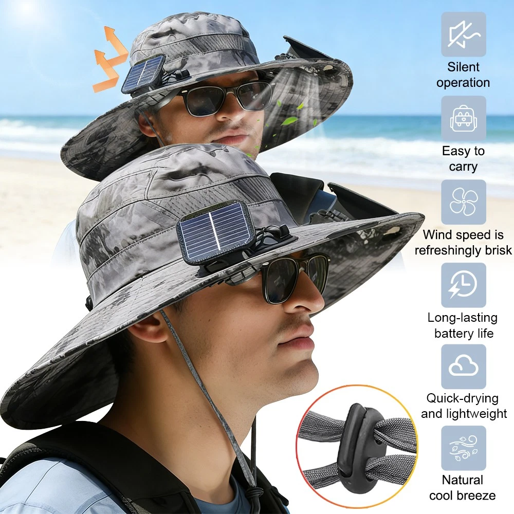Outdoor Wide Brim Sun Hat with 2 Solar Fan Sun Bucket Hat for Men Women UPF 50+