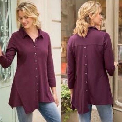 Soft Surroundings Santa Barbara Button Down Asymmetrical Hem Tunic  M Burgundy