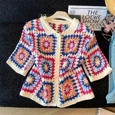 Handmade Granny Square Polo Cardigan for Women, Short Sleeve Summer Beach Top