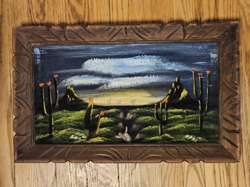 Vintage Desert Cactus Black Velvet Painting Clouds Carved Wood Frame Desert