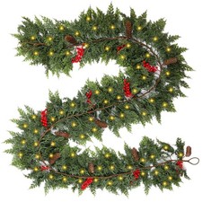 9FT Prelit Christmas Garland, Realistic Green Pine Garland with Lights Batter...