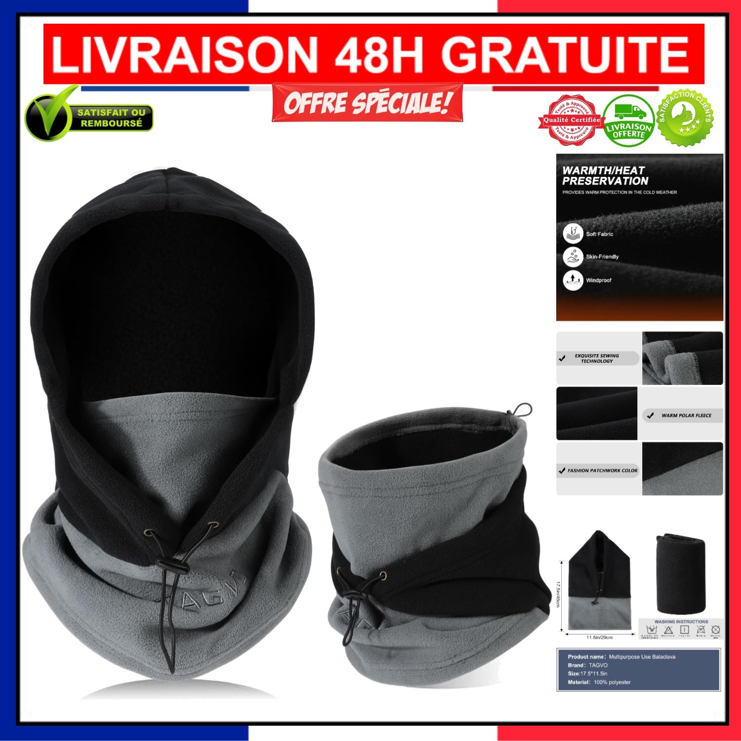 Cagoule thermique unisexe grise en micro-polaire respirante pour casque de ski et snowboard