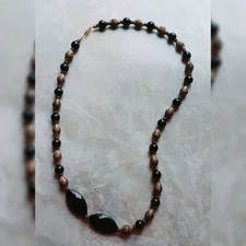 Vintage Black Acrylic Victorian Baroque Gold Painted Textured Bead Necklace