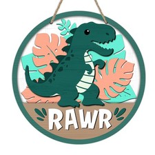 Dinosaur Rawr Front Door Sign, Dino Monstera Tropical Wood Door Hanger Outdoo...