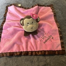 Baby Essentials Lil' Monkey Pink Brown Satin Baby Security Blanket Lovey Rattle