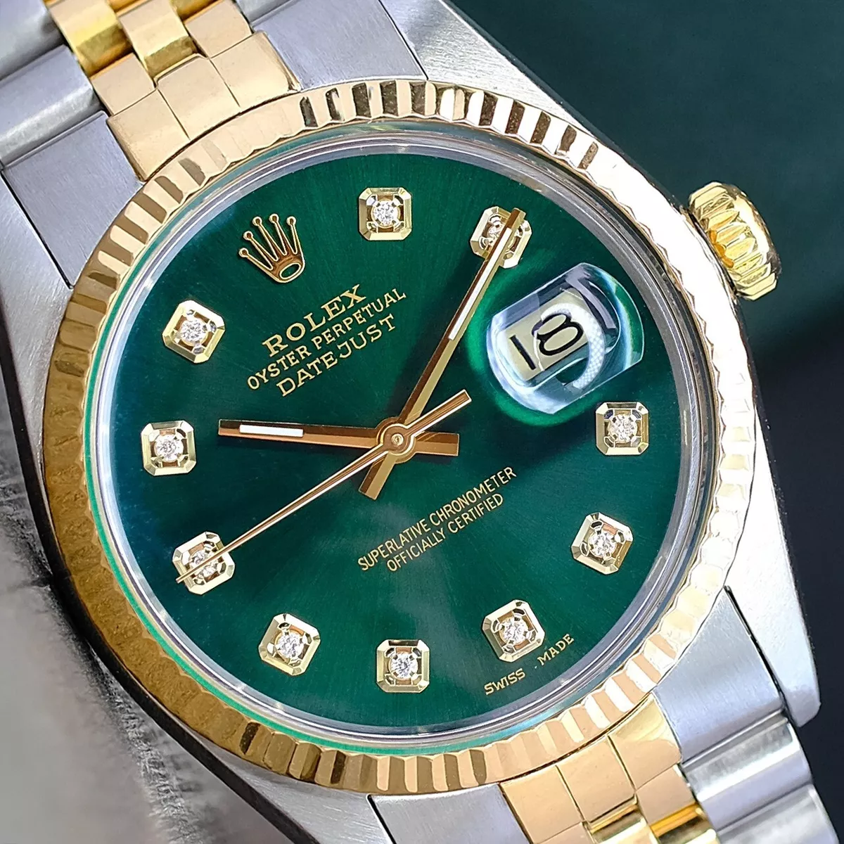 ROLEX MENS DATEJUST 16233 18K GOLD & STEEL GREEN DIAMOND DIAL FLUTED 36MM  WATCH