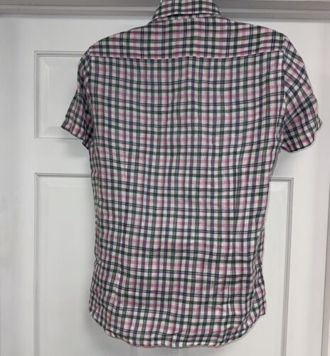 Barbour Leinen Leon S/S Hemd Herren Small Tailored Fit rosa grün kariert Knopf - Bild 2 von 7