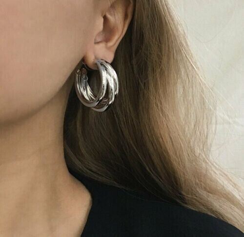 Pendientes de aro triples 30 mm oro plata redondos gruesos estilo joyería de moda - Imagen 6 de 15