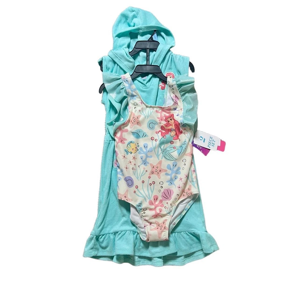 Nuevo con etiquetas Traje de baño y encubrimiento de Disney para niñas 6/7 verde azulado Ariel de una pieza con capucha volantes lindo Foto 2 de 4
