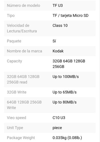 Tarjeta de memoria micro SD Kodak 32 GB,64 GB,128 GB,256 GB clase10 Velocidad U3 - Imagen 16 de 18