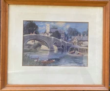 Watercolor Sign. H. Walford verso marked River with Bridge