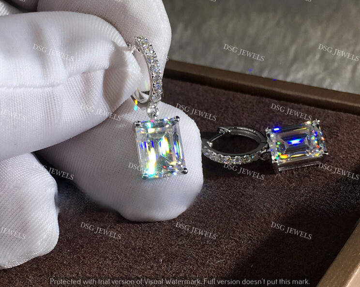 4 CT Emerald Cut White Moissanite Drop Dangle Women Earrings