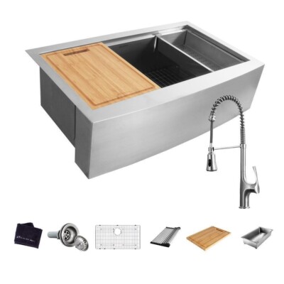  Glacier Bay 4312F-2 Zero Radius Farmhouse Apron Kitchen Sink/Spring Neck Faucet