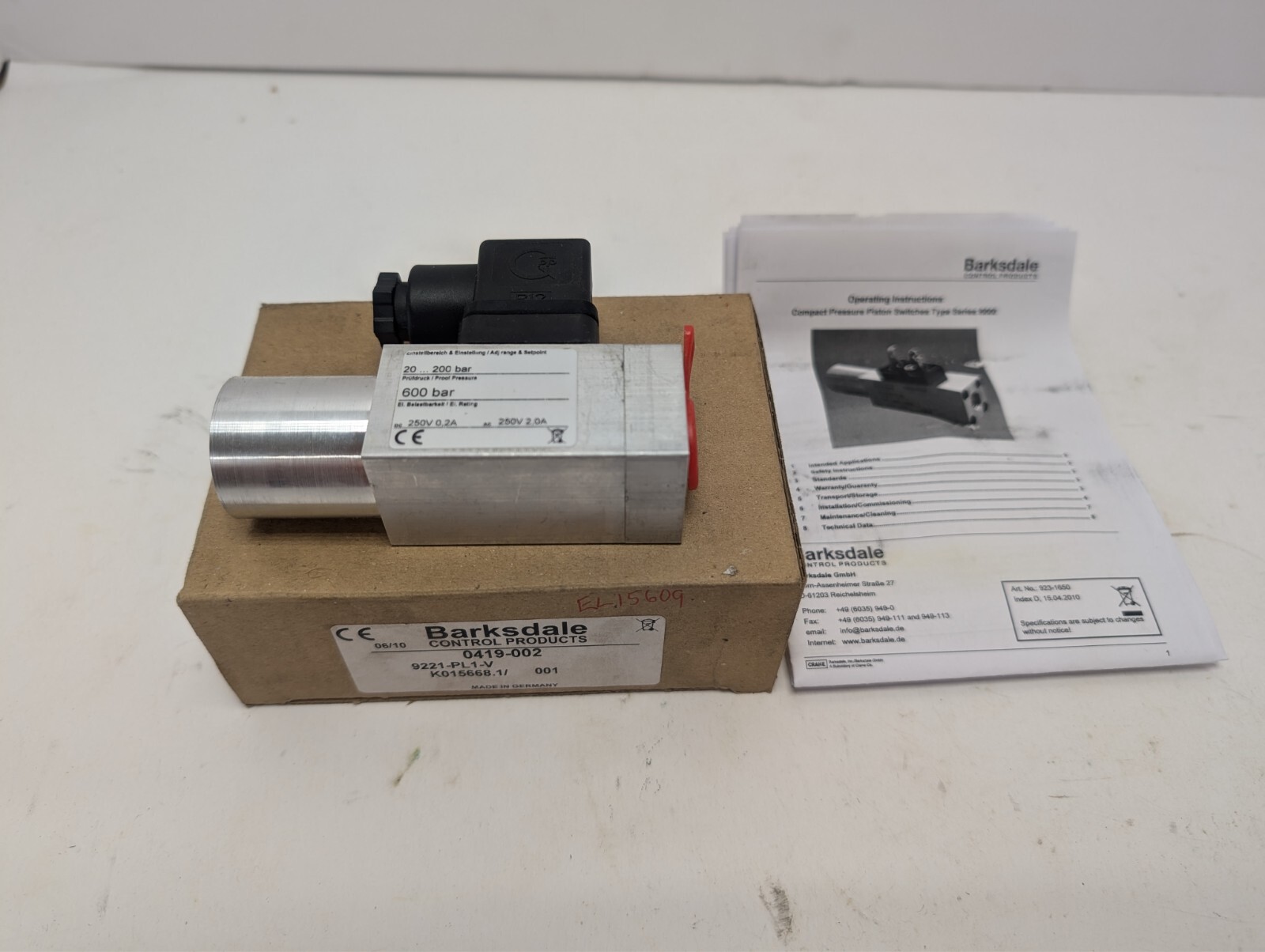 NEW BARKSDALE 0419-002 PRESSURE SWITCH 9221-PL1-V 20 ... 200 BAR Proof 600 BAR
