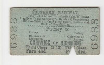 Eisenbahnfahrkarte SR Putney nach Chiswick oder Richmond 1939 3. einzeln Edmondson