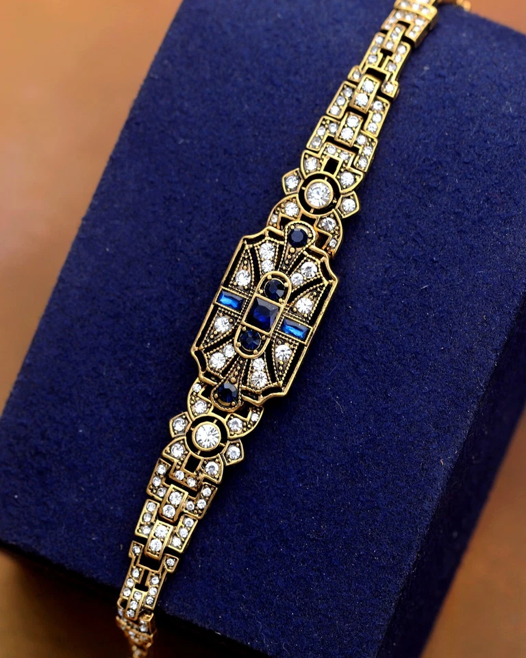 Armband Golden Antik Kunst Deko Rechteck Strass Blau Vintage Stil Ehe QD32 - Bild 3 von 4