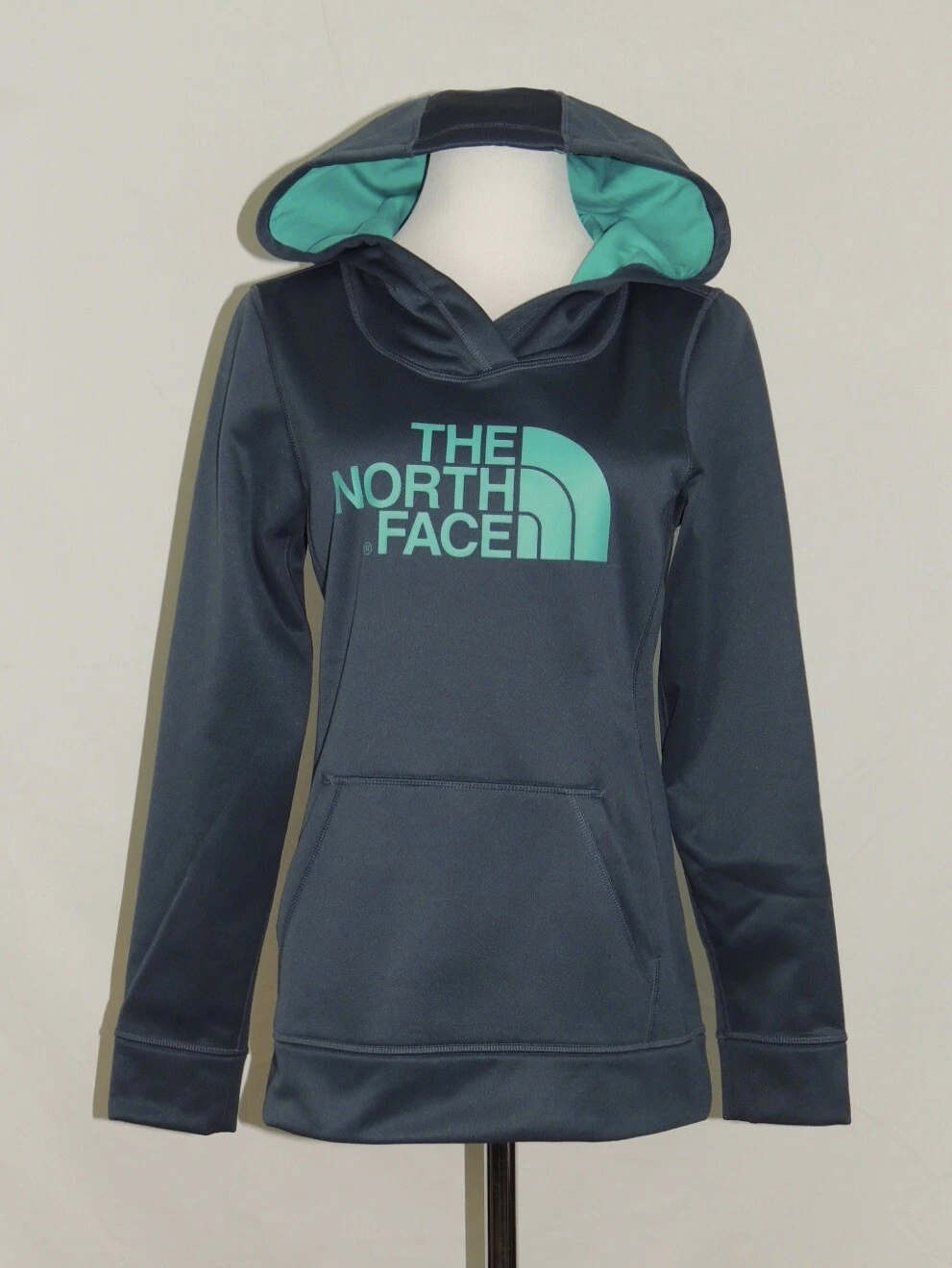 The North Face Hoodie Pullover Sweatshirt Spell Out Solid Athletic Teal Blue S