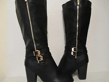 Top Moda Womens Rex-37 Knee-High Buckle Zip Chunky Heel Riding Boot Black 6 - 10