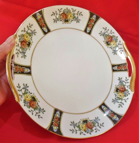 Antique Noritake Handled Cake Cookie Plate Mystery #9 Black Panels & Florals - Picture 5 of 7