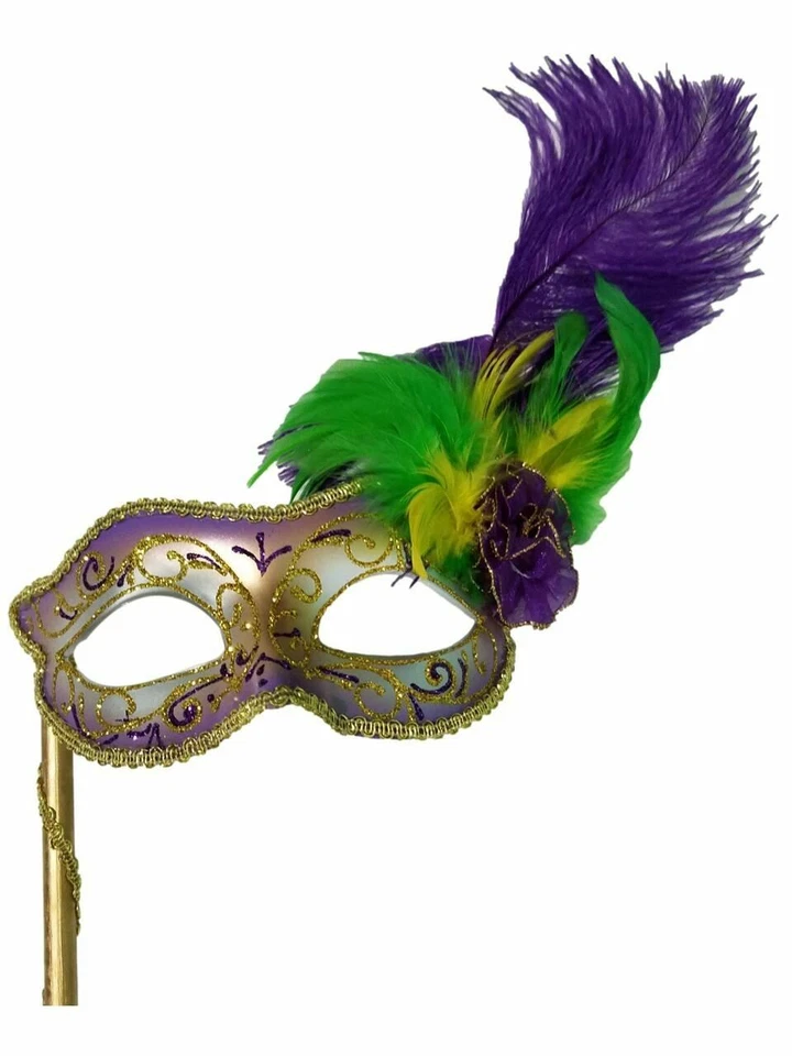 Gold, Silver Purple Glitter Flower Feather Stick Mask Masquerade Mask - Image 2 of 4