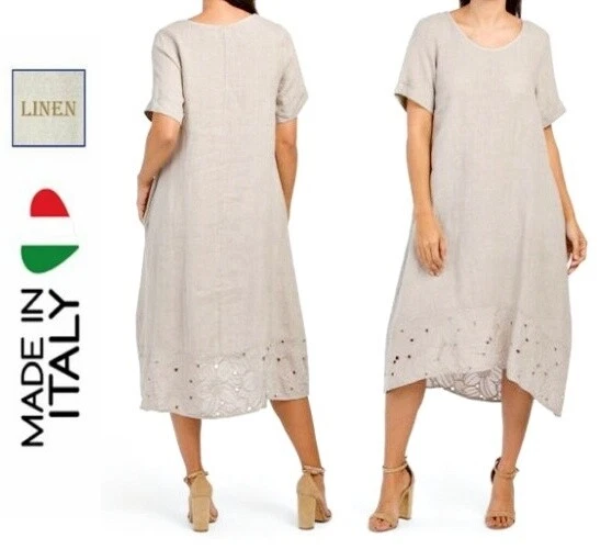 ROSEMARINE 100% Italian Linen Short Sleeve Hi-lo Crochet Hem Dress