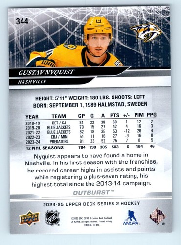 2024-25 Upper Deck Series 2 #344 Gustav Nyquist Silver Outburst Predators - Bild 2 von 2