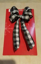 1 pc White/Black Buffalo Plaid Fabric Mini Christmas Ribbon Bow 5"W x 10"L