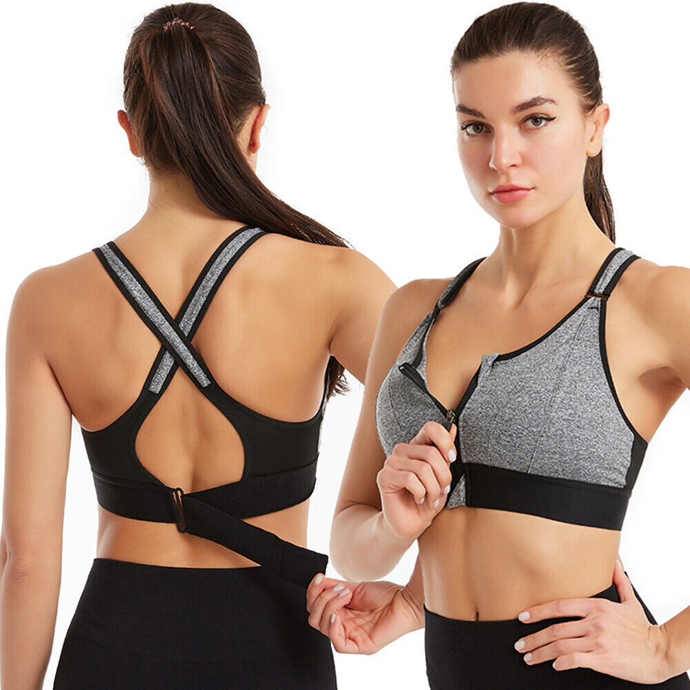 Women High Impact Anti-Shock Front Zip Sports Bra Padded Back Support Plus  Size