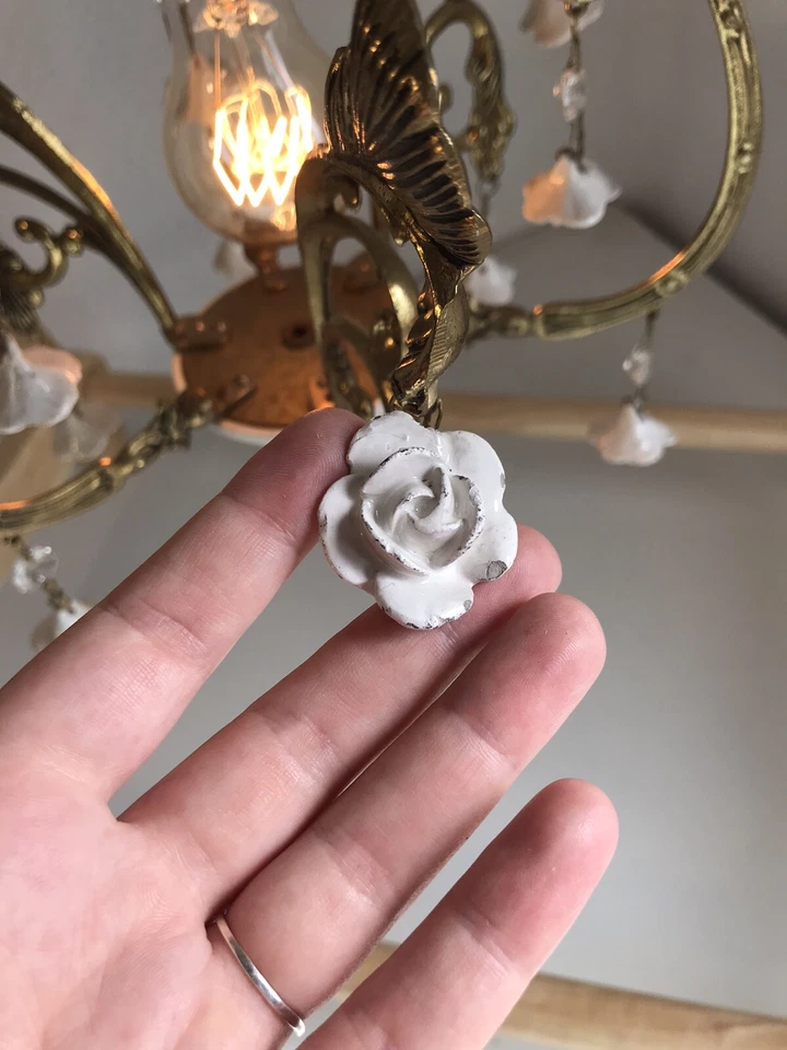 Antique Bronze Italian Capodimonte Roses Crystal Chandelier Pendant Light - Image 2 of 4