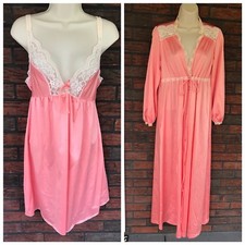 Vintage Pink Gown Robe Set Small 2 Piece Sleepwear All Nylon Duster Peignoir