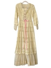 Vintage 70s Floral Lace Maxi Dress Womens 9 Pink Bow Cottagecore Fairy Victorian