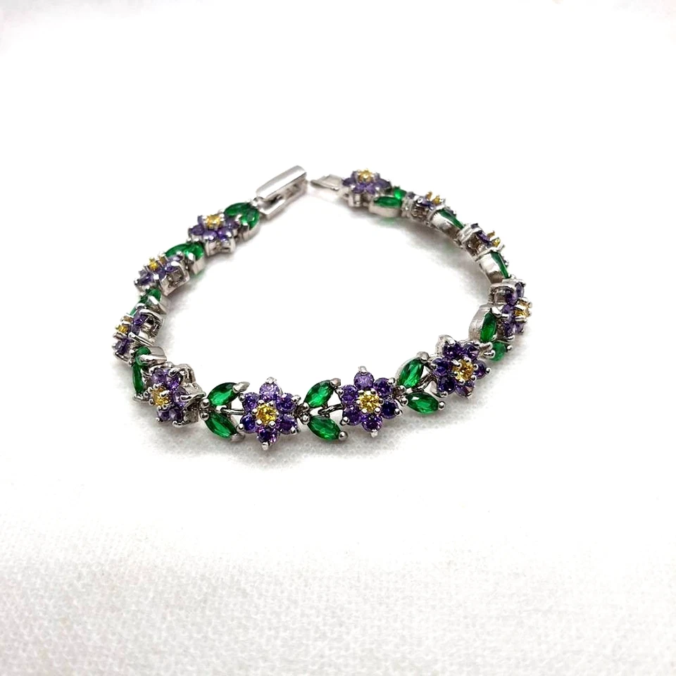 Pulsera Amatista Simulada Oro Blanco 18K Relleno Tenis Flor Novia 7.25" Foto 3 de 4