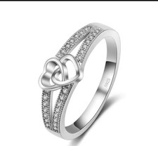 Solid 925 Sterling Silver Band Ring With A Double Heart And Embellishment Sz 8