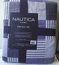 Nautica King Quilt and Sham Set 3 Piece Set Navy Blue Plaid New