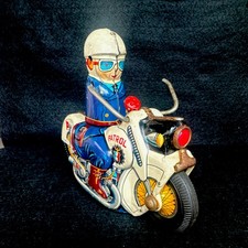 Vintage 1960 Tin Police Patrol Motorcycle Toy w/ Rider P.D. PATROL