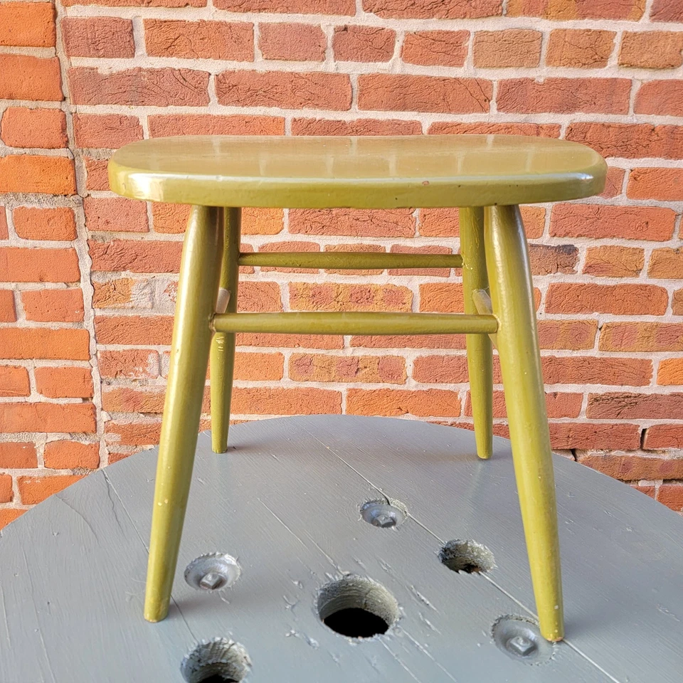 复古中世纪现代木制凳鳄梨橄榄绿色油漆 16.5 英寸高 — 第 2/4 张图片