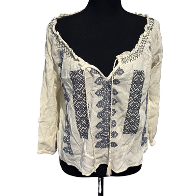 #ad #ad American Eagle top On Off Shoulder White Blue Boho Embroidery Sz XS romantic $11.25