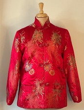 Peony Brand XL Red Satin Mandarin Jacket Gold Floral Embroidery Frog Closure
