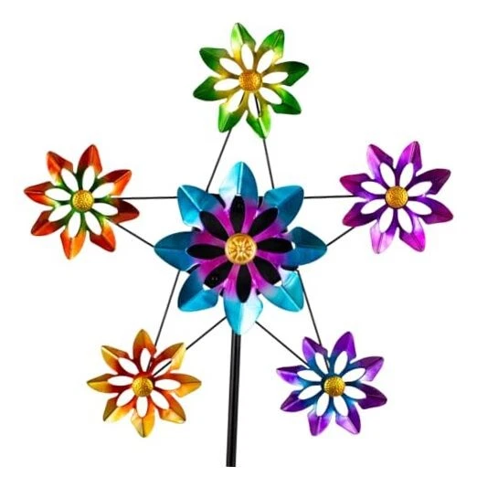 Outdoor Kinetic Wind Spinner -24.4" D*74" H Large Metal Wind Sculpture Flower