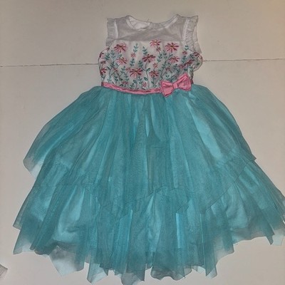 Jona Michelle Girl Aqua Teal Floral Tulle Party Dress Sleeveless Sz 5 embroidery