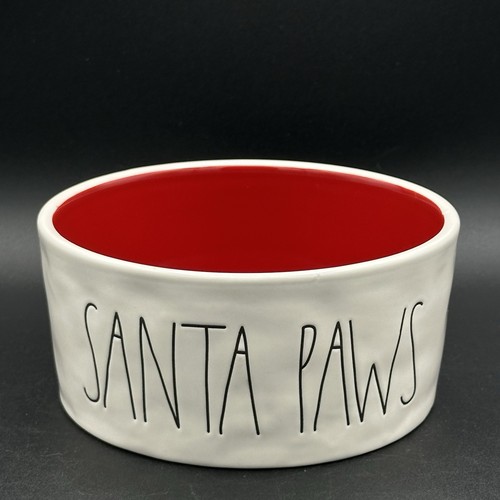 Rae Dunn 6 X 3 Inch Christmas Dog Bowl Santa Paws White with Red Interior