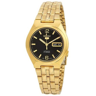 Seiko Men's Watch 5 Sports Automatic Black Dial Yellow Gold Bracelet SNKL66K1