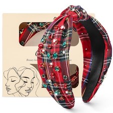 Christmas Headband for Women, Knotted Headband with Jeweled Christmas plaid