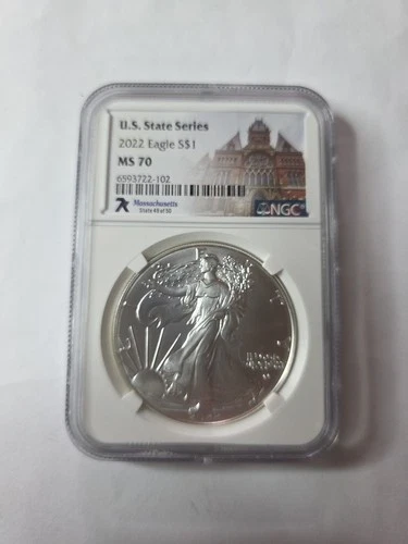 2022 7K Metals U.S. State Series American Silver Eagle NGC MS70 -Massachusetts
