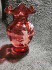 Fenton Cranberry Glass Ruffled Edge Vase Handpainted Numbered 1219/2350 & Signed