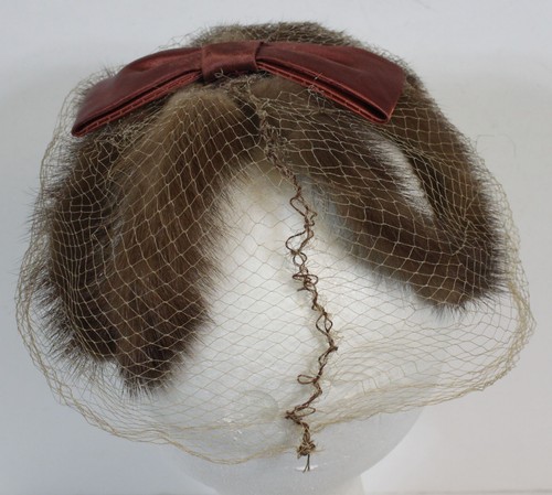 Vtg Fur Fascinator Hat Netting Cage Mink? Retro Satin Bow Glam Pin Up Fancy Brn - Picture 4 of 9