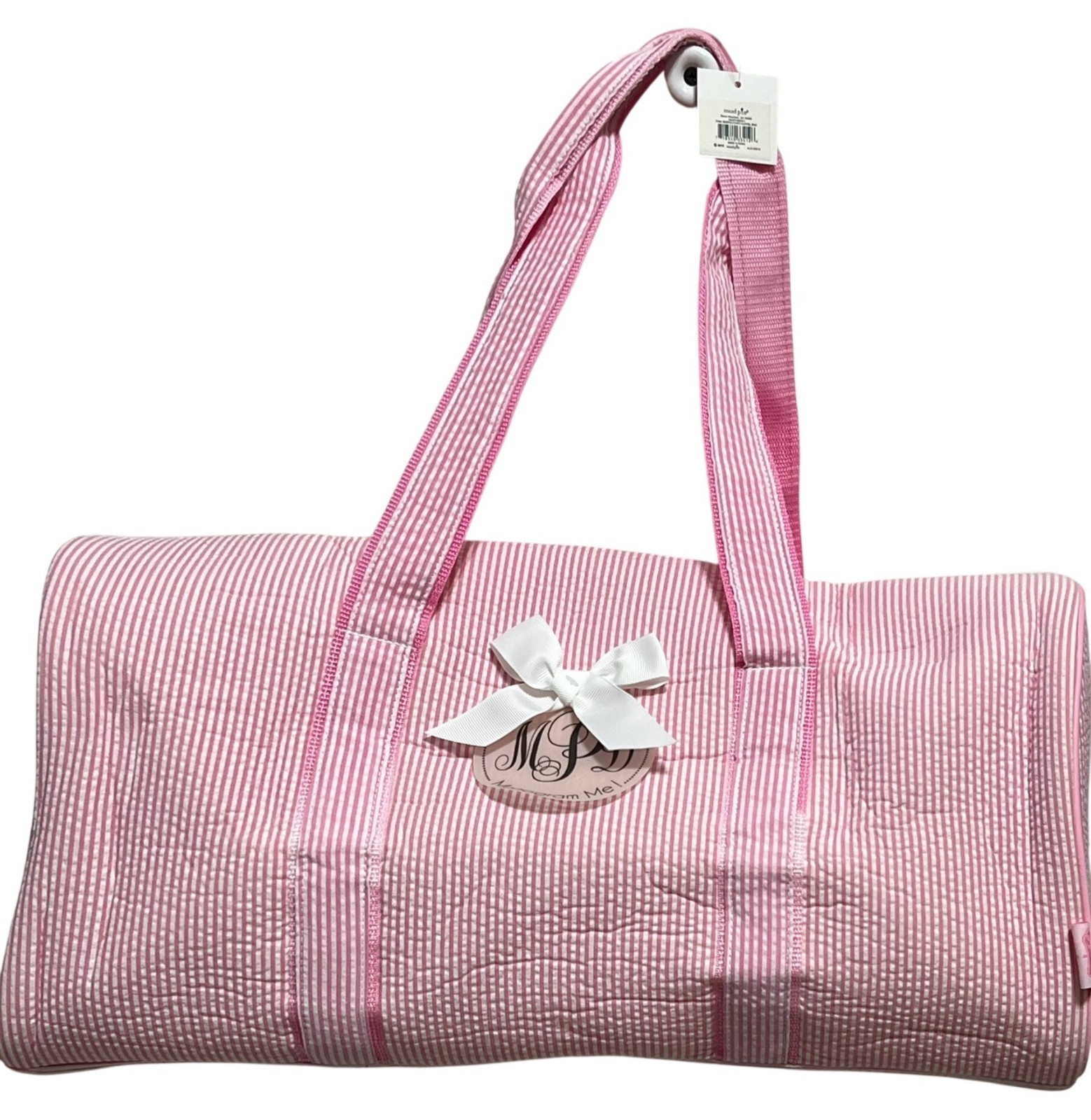 Mud Pie Duffle Bag 19 x 9 pink white seersucker girl suitcase overnight weekend