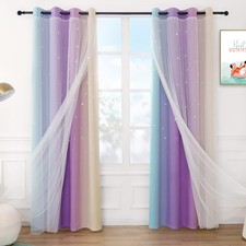 Star Curtains for Girls Cutout Style 2 in 1 Double Layer Light Blocking Ombre...