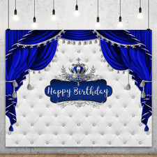 Royal Blue Happy Birthday Backdrop 5X3Ft Headboard Sofa Texture Silver Crown Blu