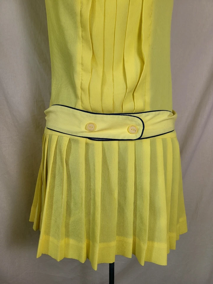 Vestido Vintage Años 60 Cintura Caída Amarillo Mantequilla Marinero Cinturón Plisado Falda Mod M/L Foto 2 de 4